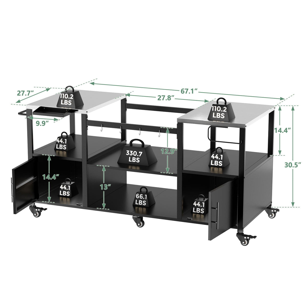 Outdoor Grill Table for Big Egg‑Style BBQ with Metal & Stainless Steel Cart and Storage — Black/Silver