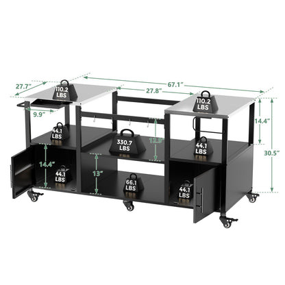 Outdoor Grill Table for Big Egg‑Style BBQ with Metal & Stainless Steel Cart and Storage — Black/Silver