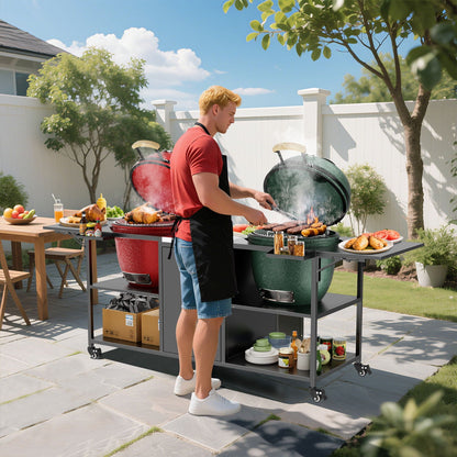 Outdoor Grill Cart for 2 Big Egg Grills – Black/Silver