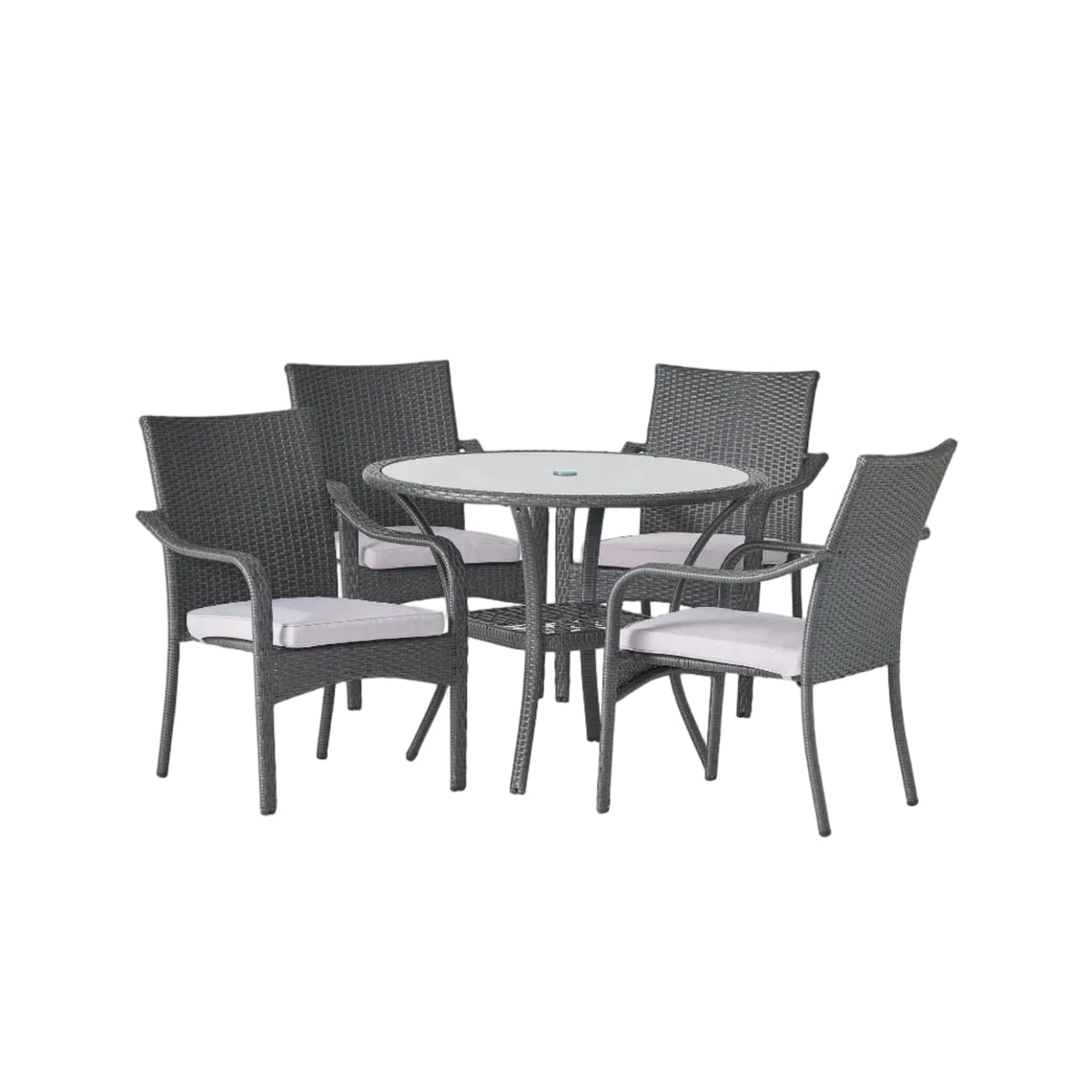 5‑Piece Outdoor Rattan Dining Set – Faux Rattan Table & 4 Arm Chairs with Water‑Resistant Cushions