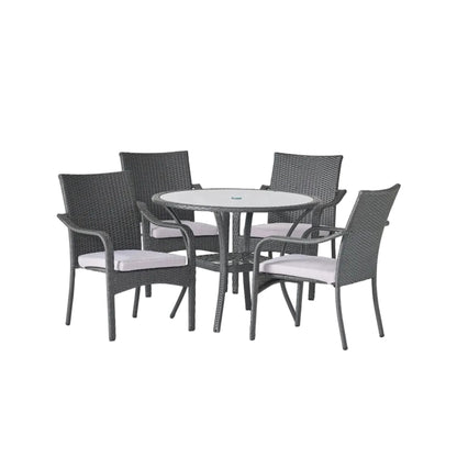 5‑Piece Outdoor Rattan Dining Set – Faux Rattan Table & 4 Arm Chairs with Water‑Resistant Cushions