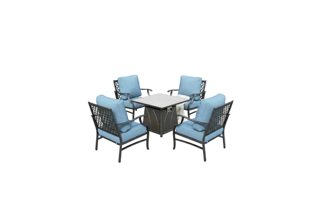 5 Pieces Patio Furniture Set with Fire Pit Table, 4 X Thick Cushioned Chairs, 1 X Fire Pit Table (50,000 BTU), All Weather Outdoor Conversation Set for Garden, Backyard, Lawn, Navy Blue