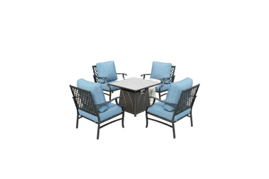 5 Pieces Patio Furniture Set with Fire Pit Table, 4 X Thick Cushioned Chairs, 1 X Fire Pit Table (50,000 BTU), All Weather Outdoor Conversation Set for Garden, Backyard, Lawn, Navy Blue