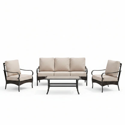 Outdoor Modern Patio Furniture Set, Upgraded Wicker & Metal Patio Furniture Conversation Set with Waterproof Thick Cushions for Porch, Poolside, Yard (4 Pieces,Beige)