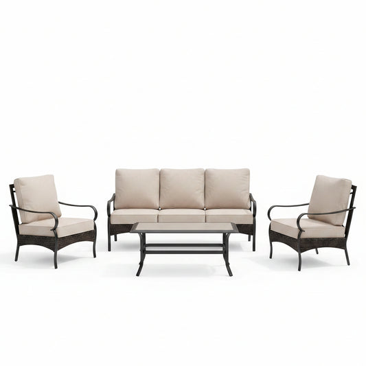 Outdoor Modern Patio Furniture Set, Upgraded Wicker & Metal Patio Furniture Conversation Set with Waterproof Thick Cushions for Porch, Poolside, Yard (4 Pieces,Beige)