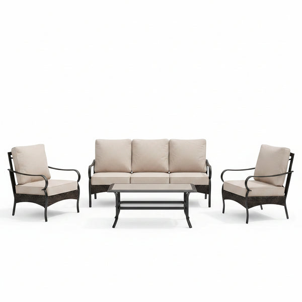 Outdoor Modern Patio Furniture Set, Upgraded Wicker & Metal Patio Furniture Conversation Set with Waterproof Thick Cushions for Porch, Poolside, Yard (4 Pieces,Beige)