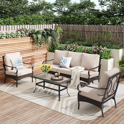 Outdoor Modern Patio Furniture Set, Upgraded Wicker & Metal Patio Furniture Conversation Set