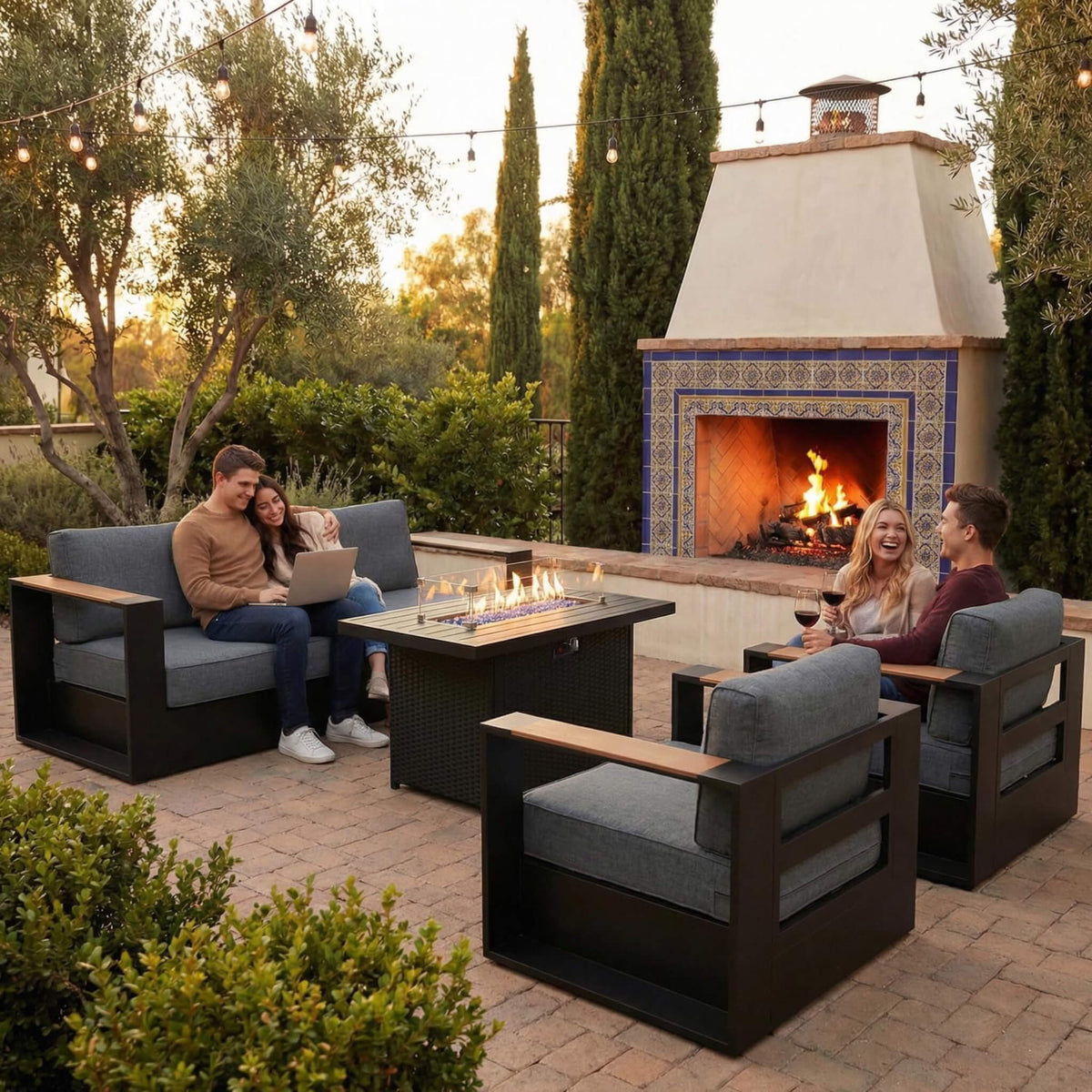 4‑Piece Modern Aluminum Patio Set with 55K BTU Fire Pit Table & Waterproof Cushions