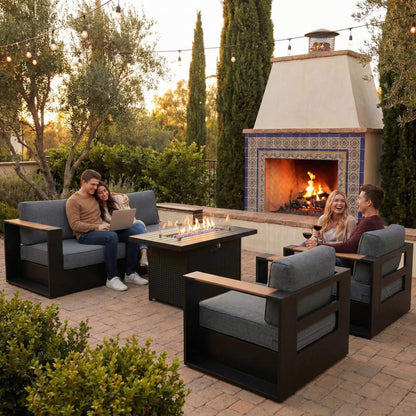 4‑Piece Modern Aluminum Patio Set with 55K BTU Fire Pit Table & Waterproof Cushions