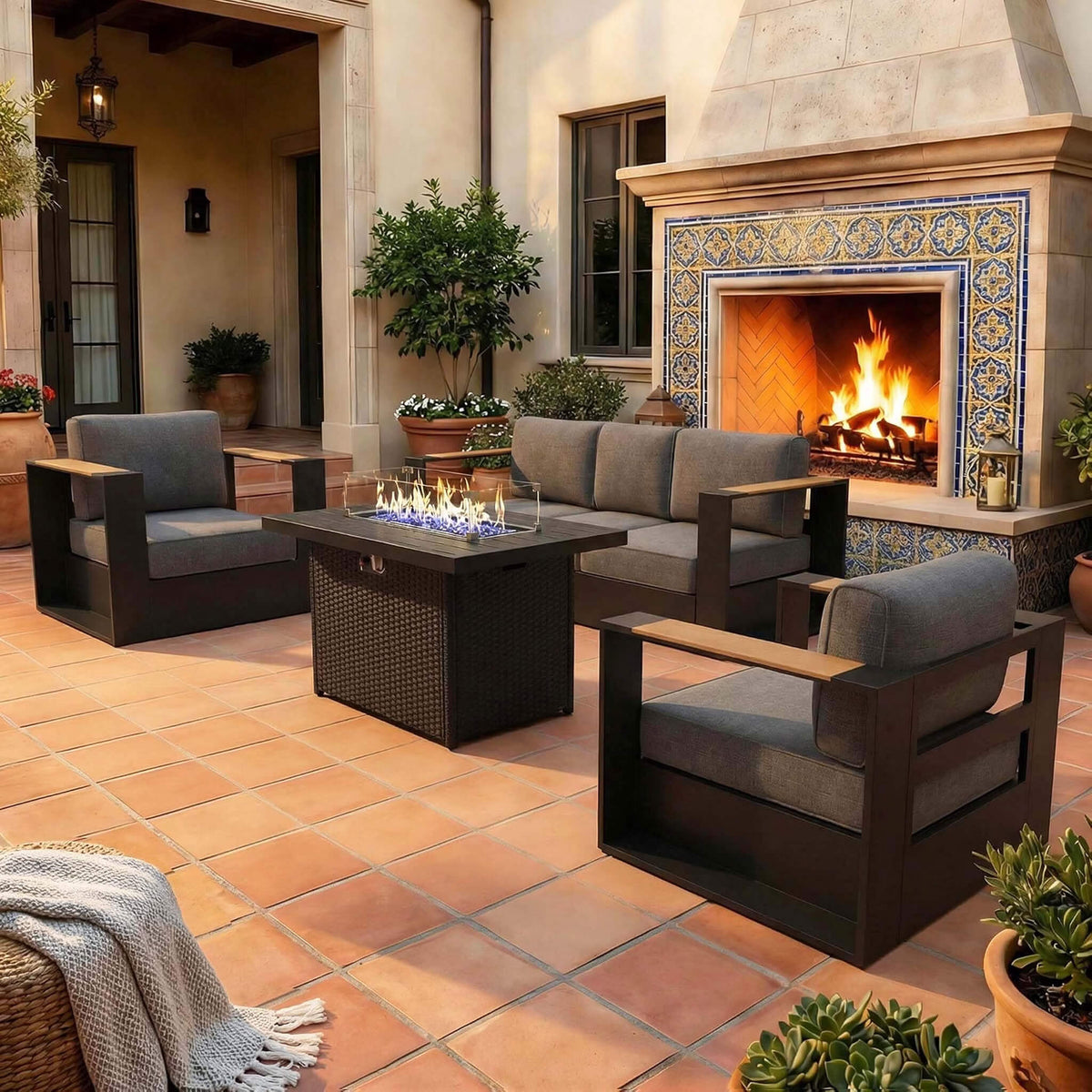 4‑Piece Modern Aluminum Patio Set with 55K BTU Fire Pit Table & Waterproof Cushions