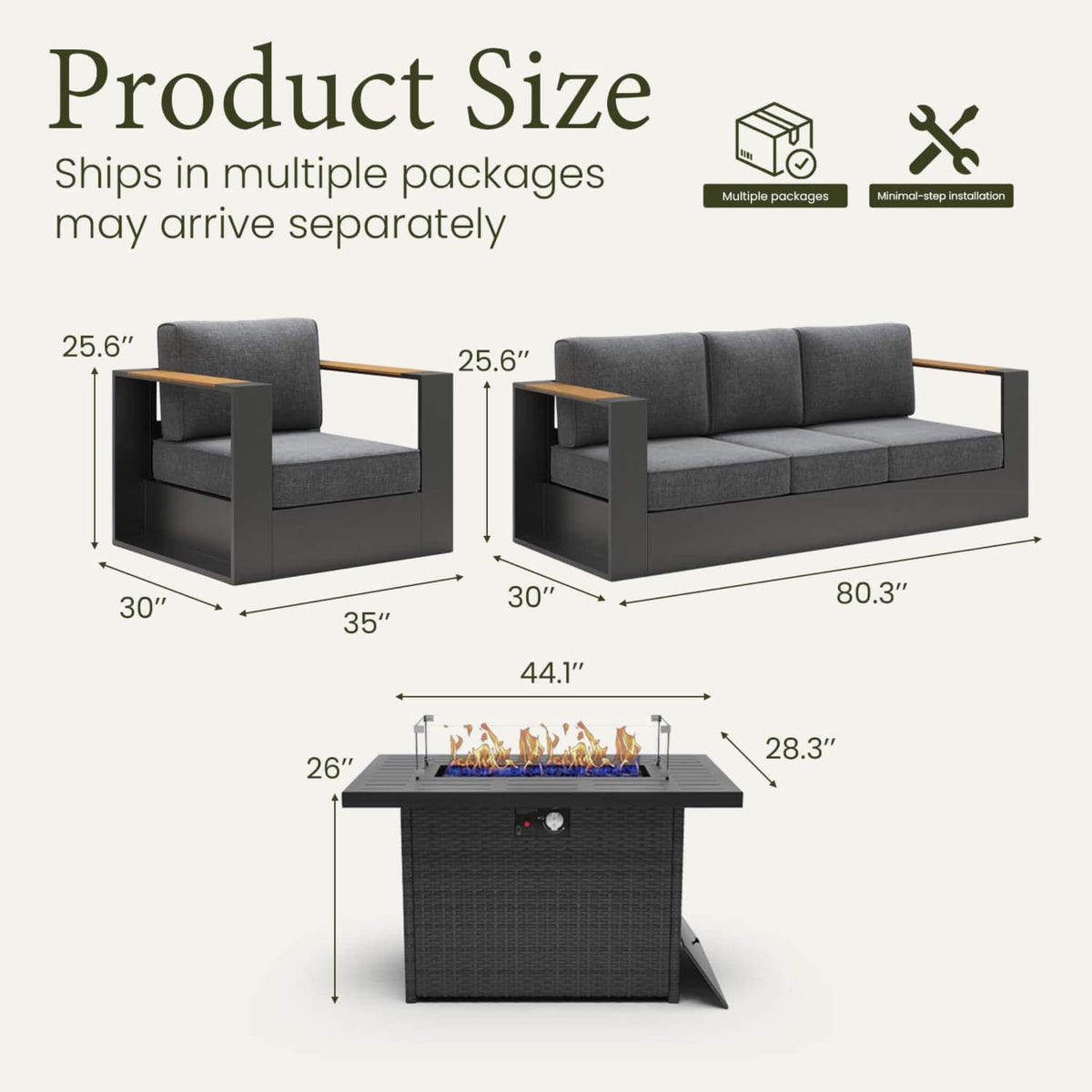 4‑Piece Modern Aluminum Patio Set with 55K BTU Fire Pit Table & Waterproof Cushions