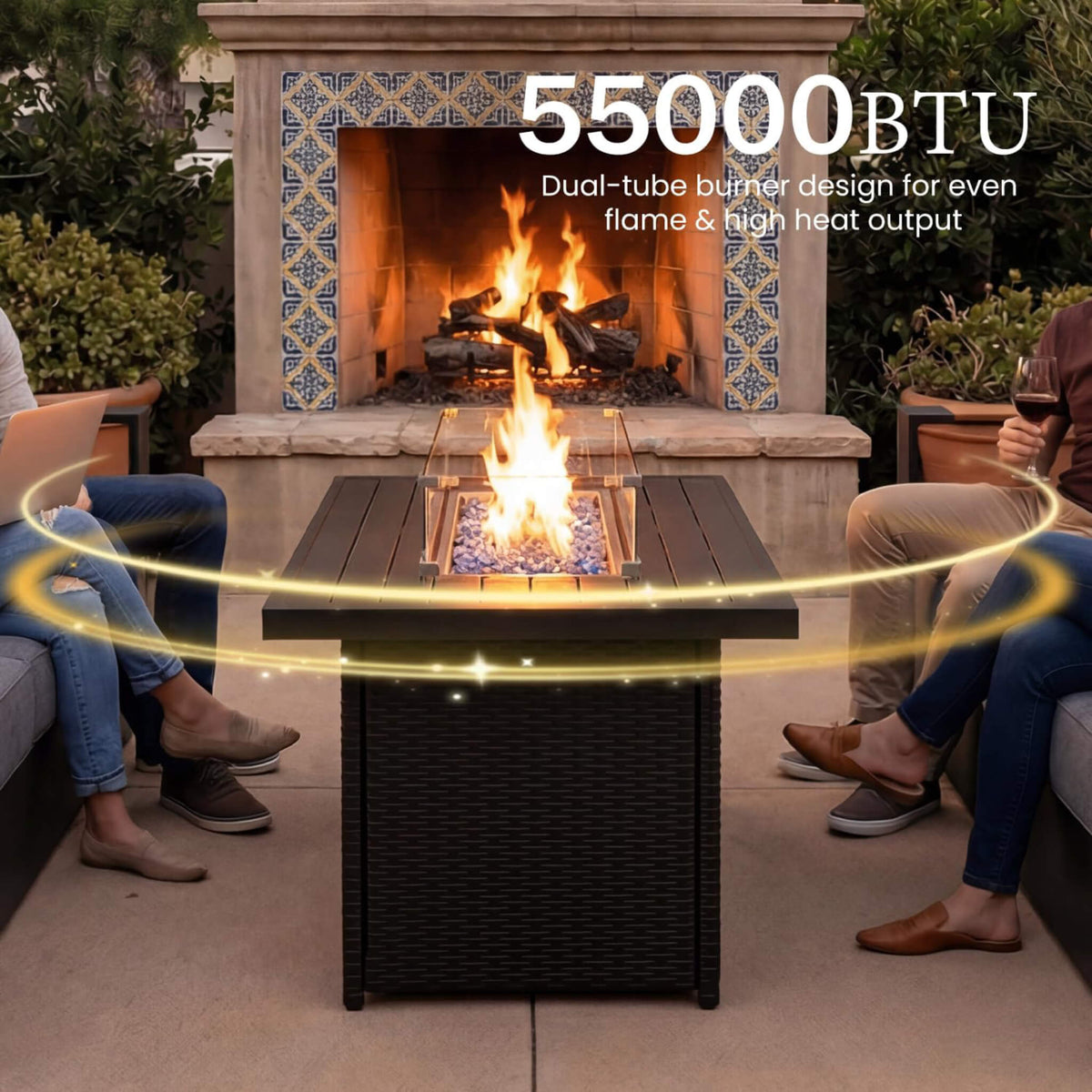4‑Piece Modern Aluminum Patio Set with 55K BTU Fire Pit Table & Waterproof Cushions