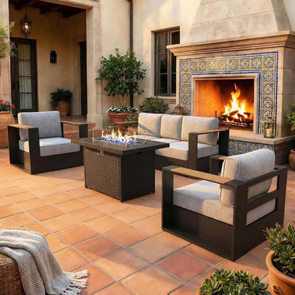 4‑Piece Modern Aluminum Patio Set with 55K BTU Fire Pit Table & Waterproof Cushions