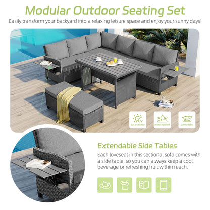 5-Piece L-Shaped Outdoor Rattan Sectional Sofa Set with Dining Table | Grey PE Wicker Patio Furniture