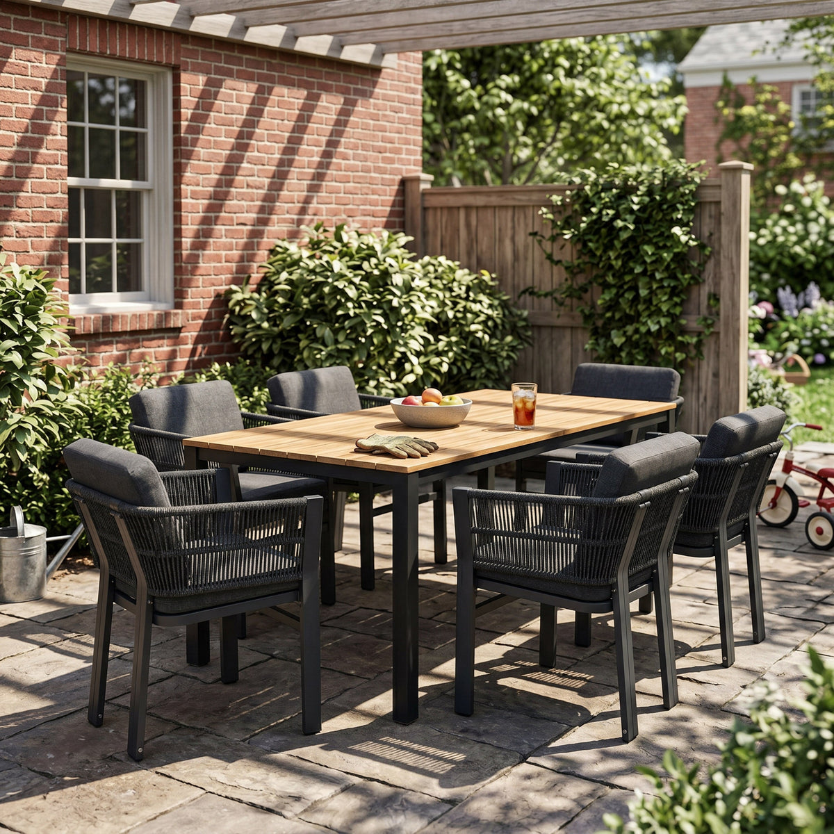 Acacia Wood Outdoor Dining Set with Aluminum Rope‑Woven Chairs — 7‑Piece