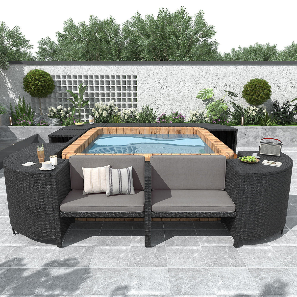 Spa Surround Outdoor Rattan Sectional Sofa Set – Built‑In Storage, Wooden Seats & Cushions (Beige or Gray)
