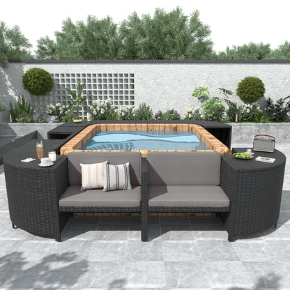 Spa Surround Outdoor Rattan Sectional Sofa Set – Built‑In Storage, Wooden Seats & Cushions (Beige or Gray)