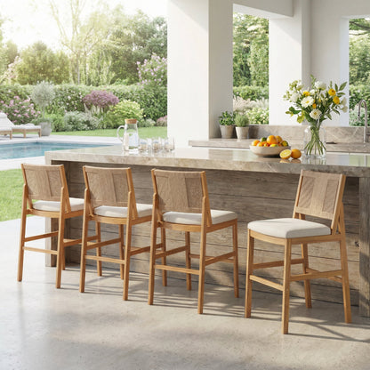 4‑Piece Acacia Wood Outdoor Bar Stool Set — Teak Finish with Woven Wicker & Cream Cushions
