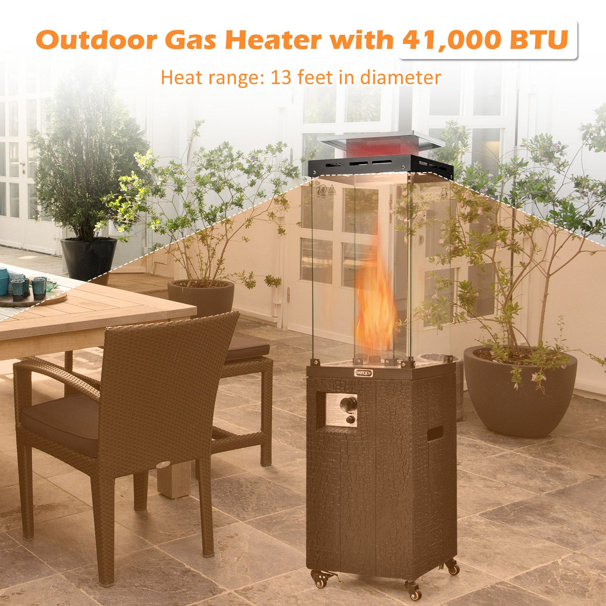 41,000 BTU Outdoor Propane Patio Heater – Glass Flame Display & Portable Design