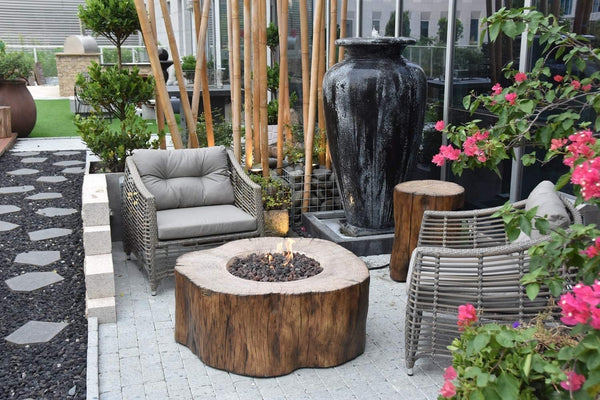 Elementi Manchester Redwood Gas Fire Pit Table – Cast Concrete Semi-Round Outdoor Fire Pit