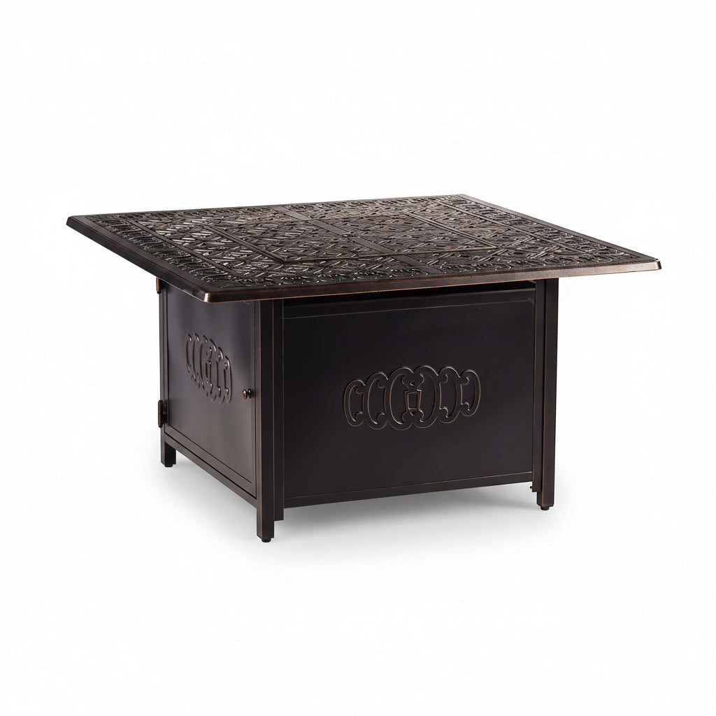 Aluminum 57,0000 BTU 42 In. Square Propane Black Fire Pit Table with Fire Beads, Lid, Propane Tank Cover and Table Fabric Covers in Copper Finish