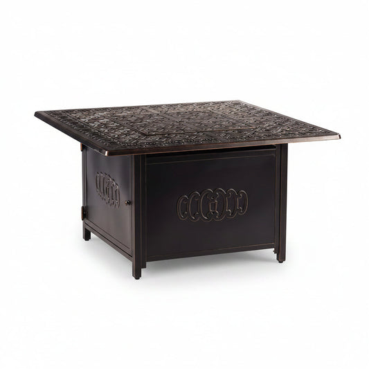 Aluminum 57,0000 BTU 42 In. Square Propane Black Fire Pit Table with Fire Beads, Lid, Propane Tank Cover and Table Fabric Covers in Copper Finish