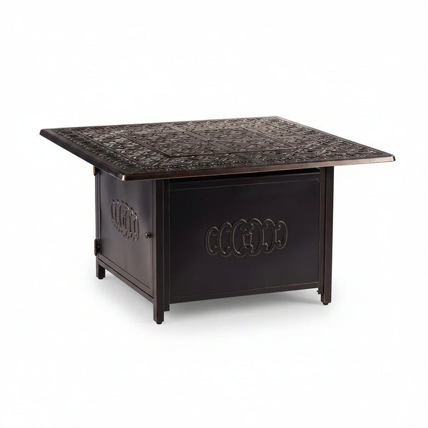 Aluminum 57,0000 BTU 42 In. Square Propane Black Fire Pit Table with Fire Beads, Lid, Propane Tank Cover and Table Fabric Covers in Copper Finish