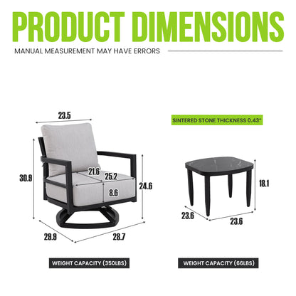 Outdoor Aluminum Swivel Chat Set with Sintered Stone Table & Sunbrella Cushions