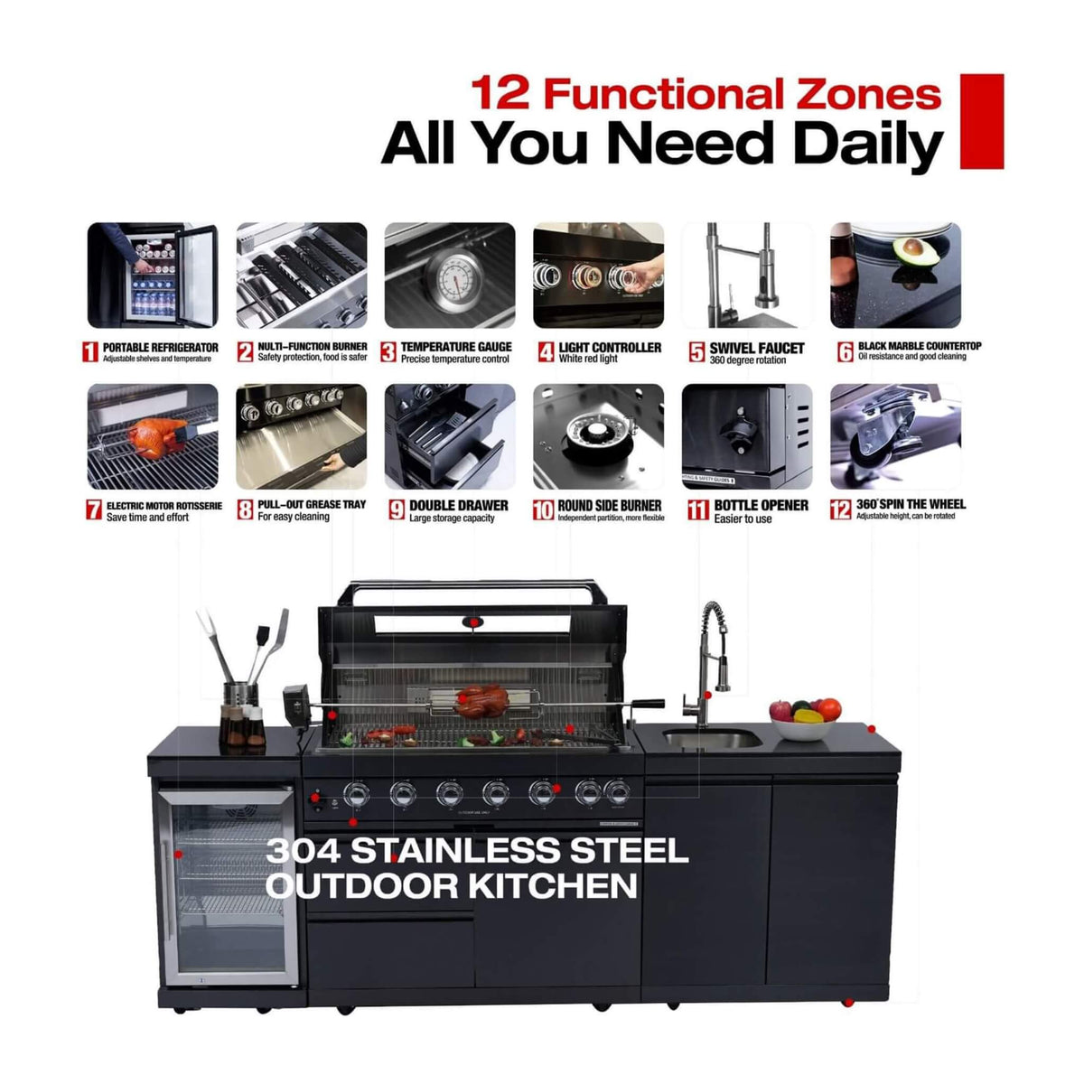 Castelle Flame Belmont 43-Inch 6-Burner Stainless Steel Outdoor BBQ Kitchen Grill Island