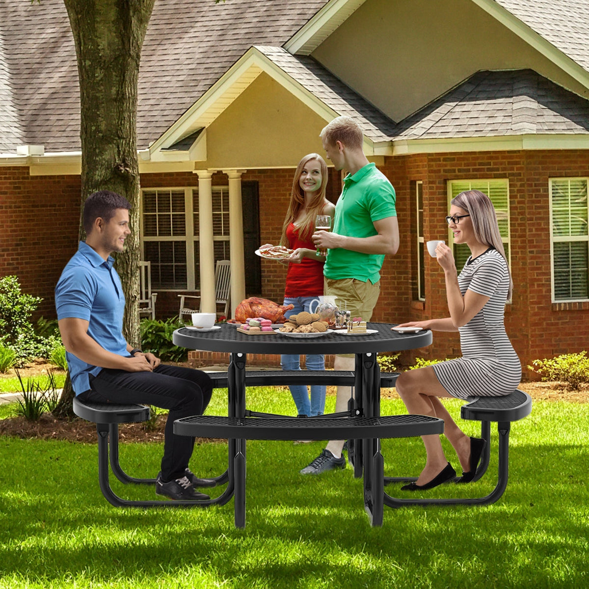 Outdoor Round Picnic Table Set for 8 — 45" Thermoplastic‑Coated Metal Table & Benches