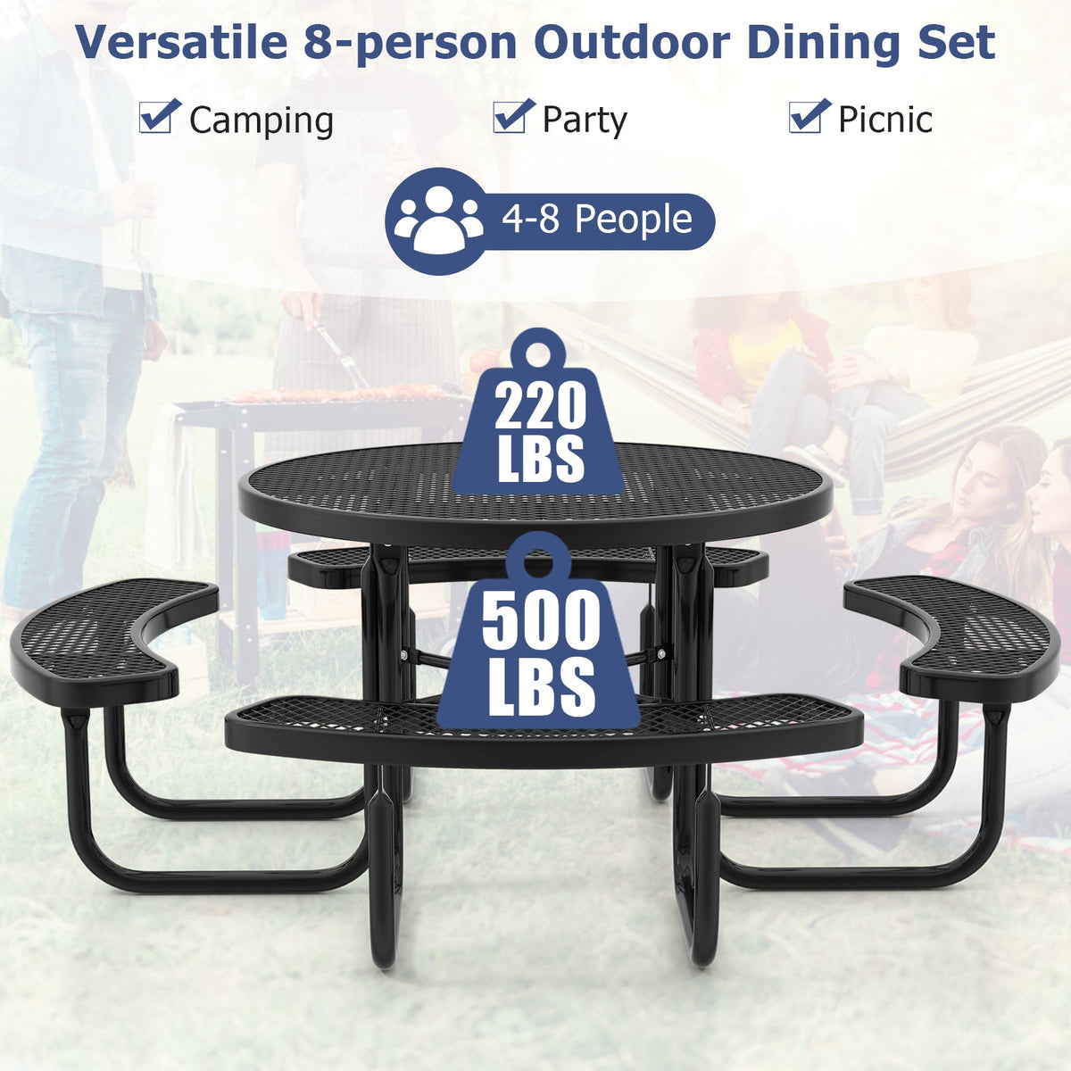 Outdoor Round Picnic Table Set for 8 — 45" Thermoplastic‑Coated Metal Table & Benches