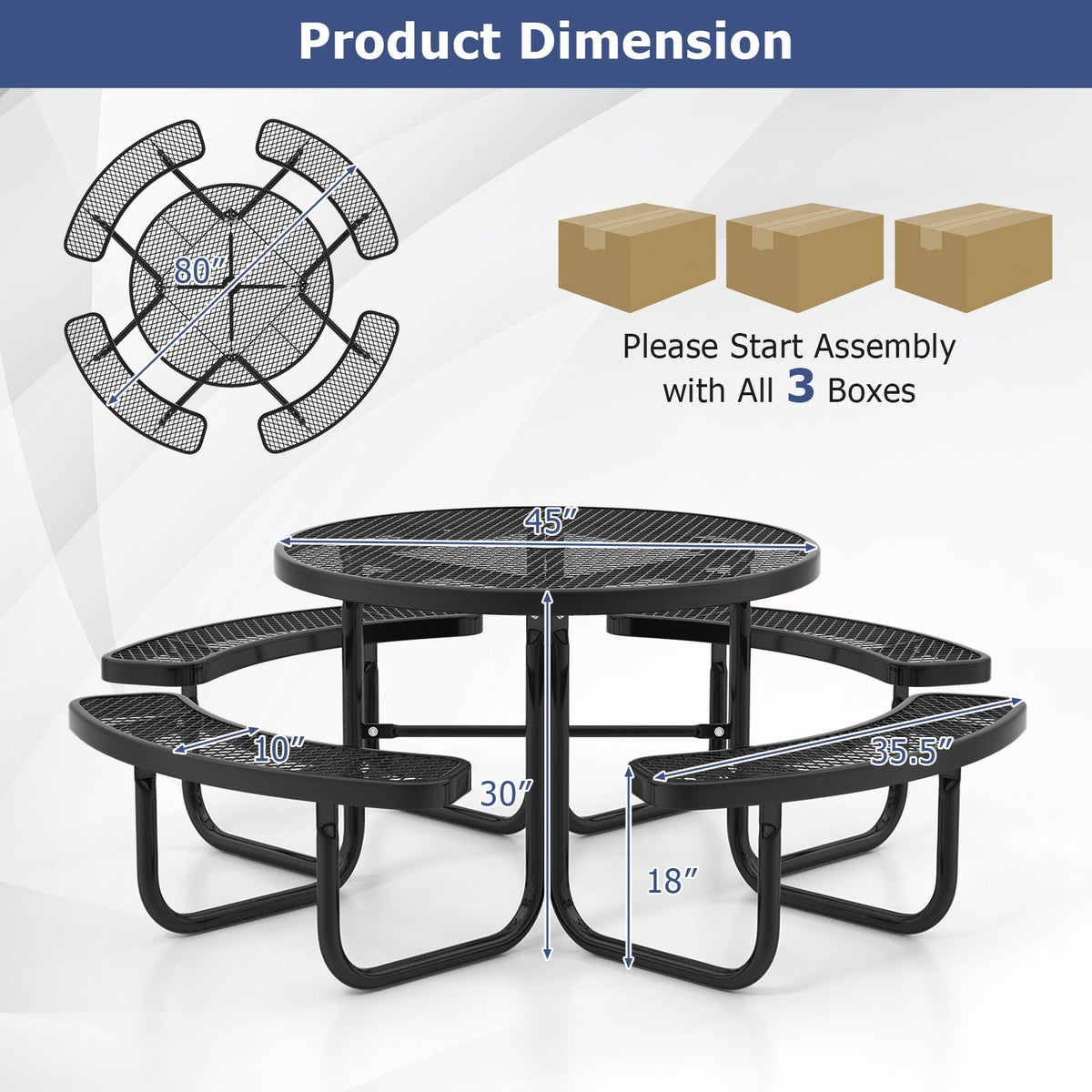 Outdoor Round Picnic Table Set for 8 — 45" Thermoplastic‑Coated Metal Table & Benches