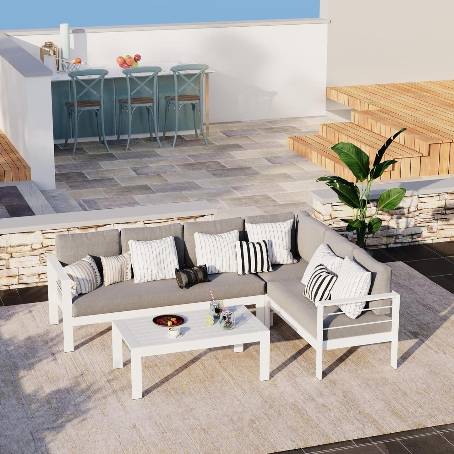 Aluminum Patio Furniture Set, Metal Patio Sectional Sofa with Imitation Wood Tabletop Coffee Table, Modern Outdoor Furniture Couch with Water-Resistant Cushion for Balcony Backyard, White