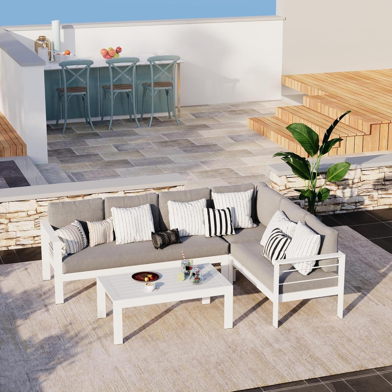Aluminum Patio Furniture Set, Metal Patio Sectional Sofa with Imitation Wood Tabletop Coffee Table, Modern Outdoor Furniture Couch with Water-Resistant Cushion for Balcony Backyard, White
