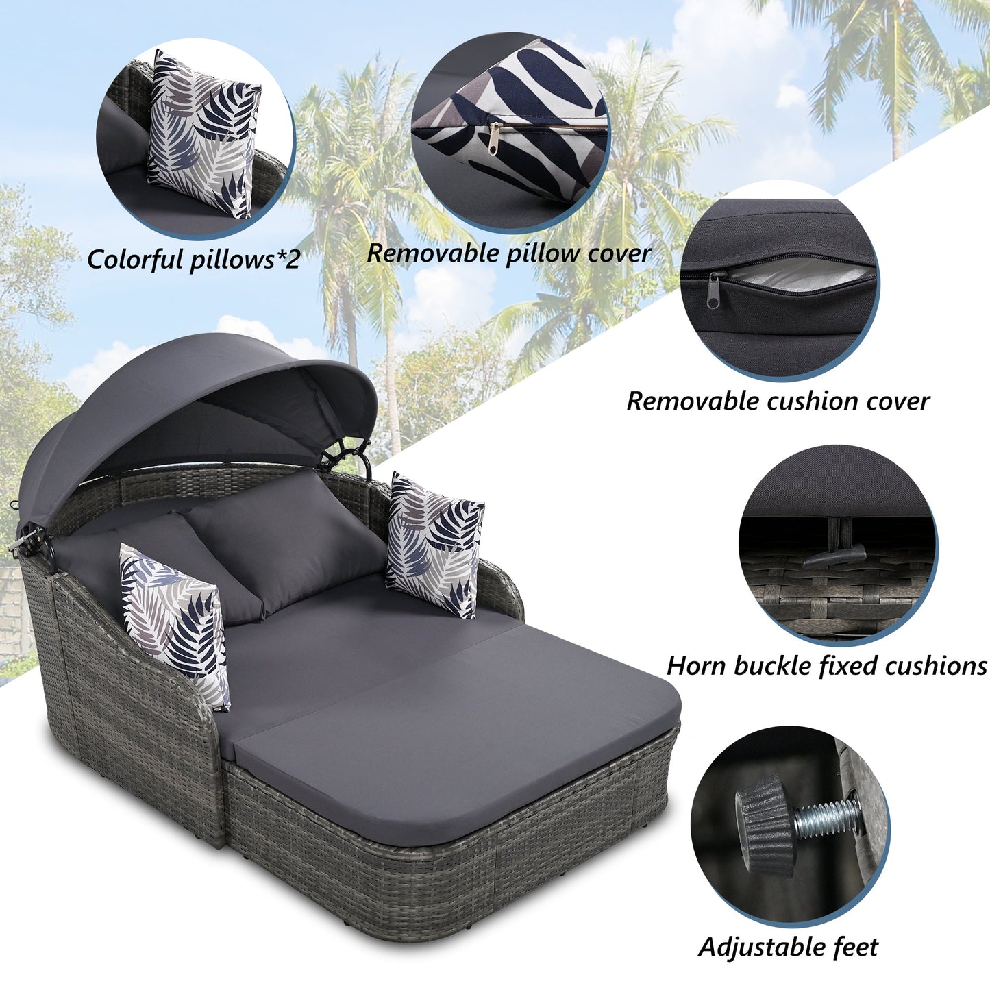 Outdoor Sunbed with Adjustable Canopy PE Rattan Daybed