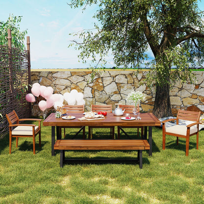 Outdoor Dining Set for 7–8 — Acacia Wood, Beige Cushions & Ergonomic Chairs