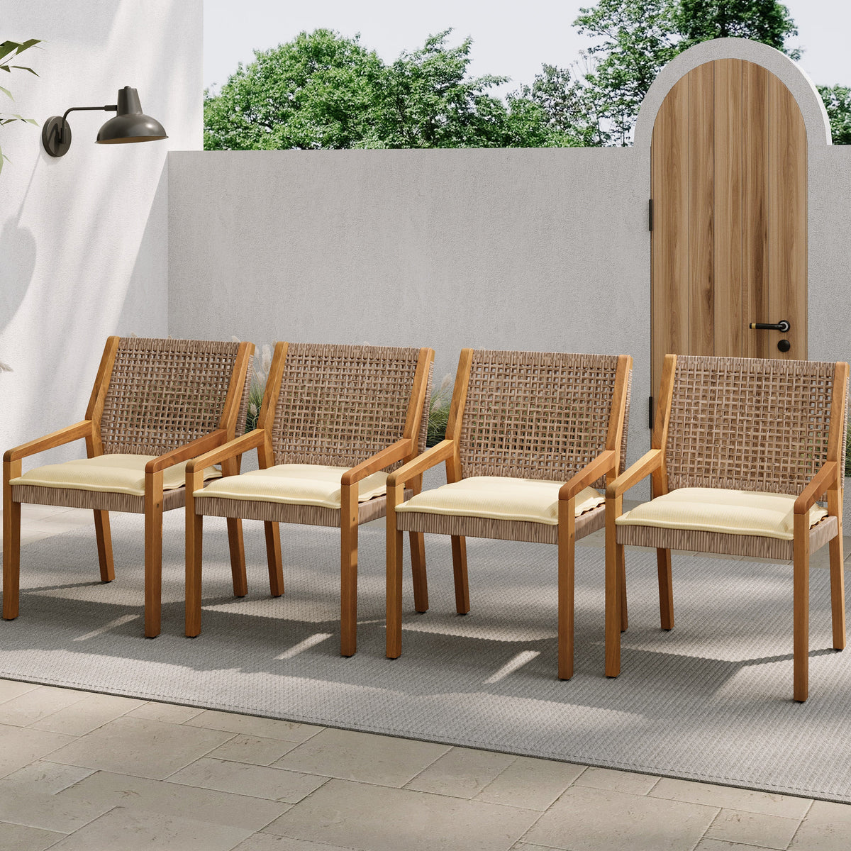Acacia Wood & Wicker Outdoor Dining Chair Set of 4 with Cream Cushions