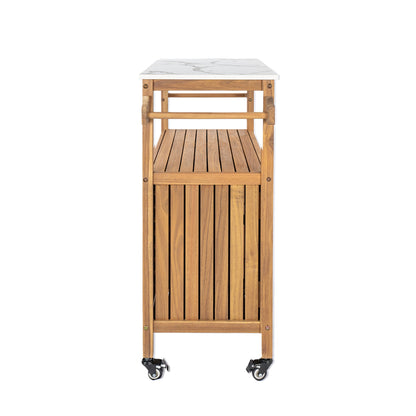 Acacia Wood Outdoor Bar Cart with Marble-Effect Worktop
