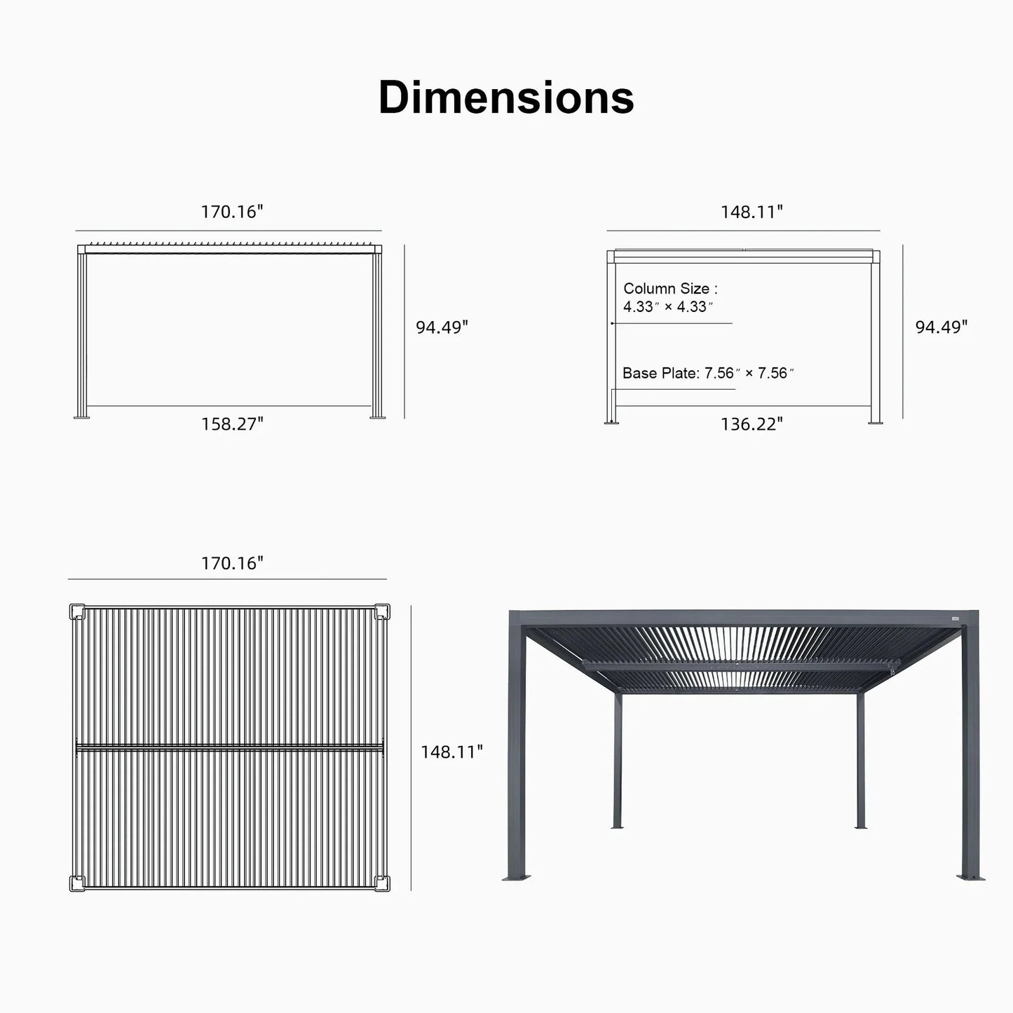 Gray Louvered Pergola Outdoor Aluminum Pergola with Adjustable Roof for Patio Gray Hardtop Gazebo