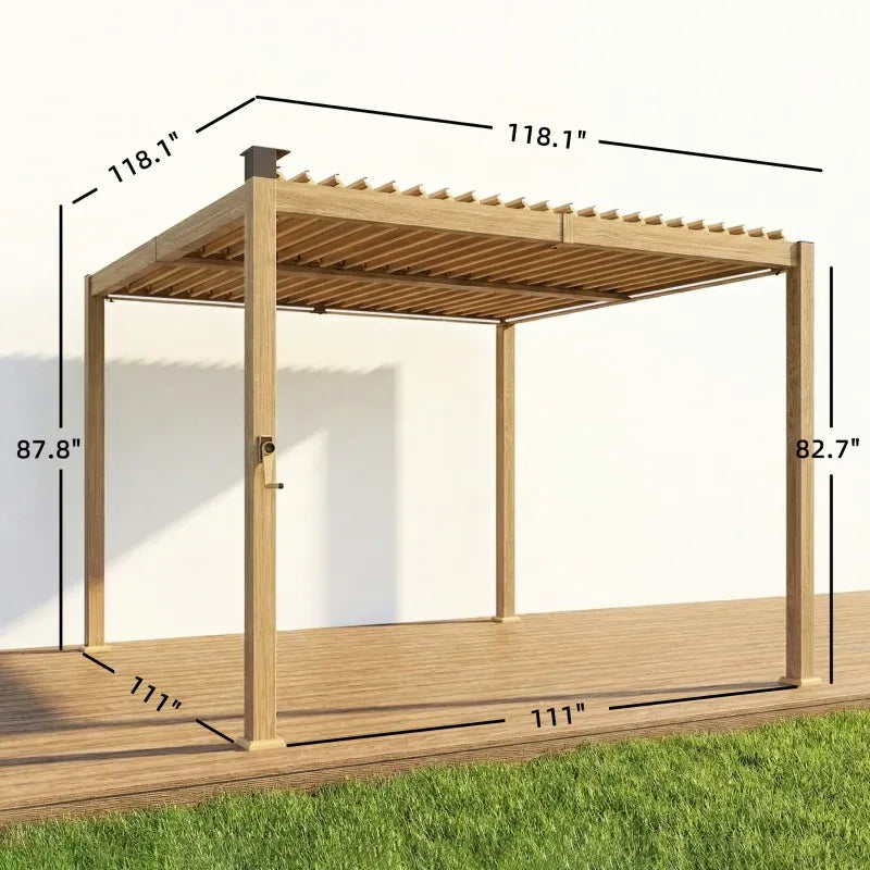 Pergola Louvered Metal Brown 9.8x9.8ft Solar LED Drainage