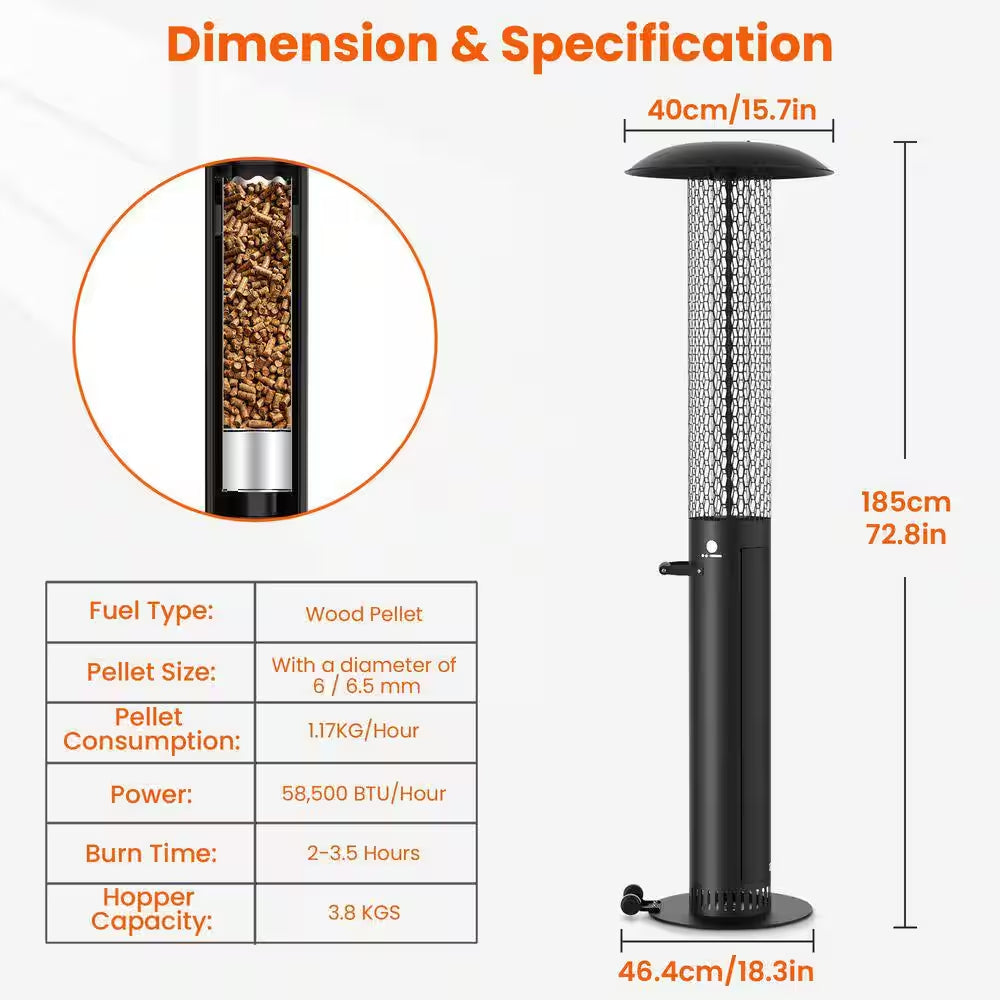 58,500 BTU Steel Wood Pellet Freestanding Patio Heater with Wheels-Black