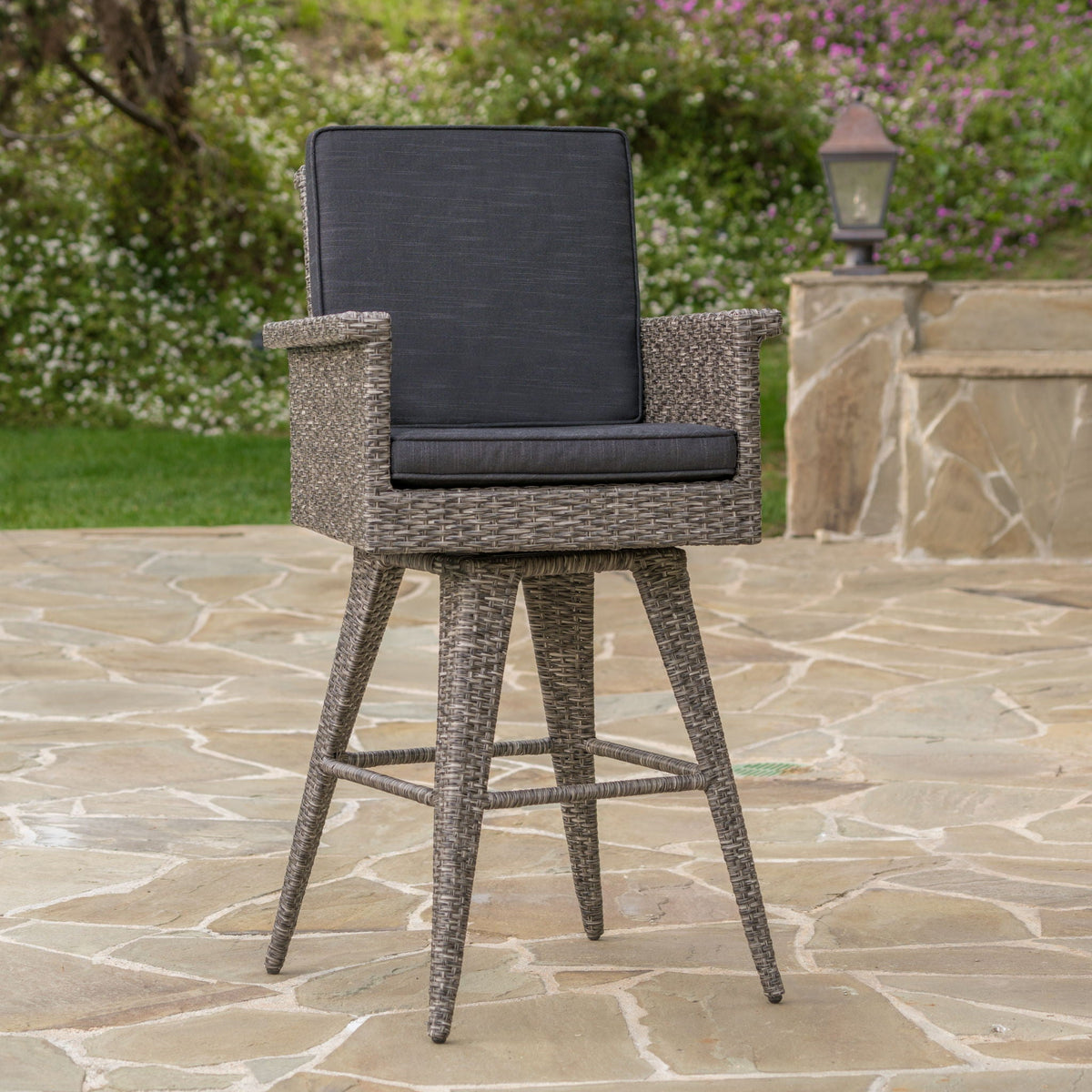 Outdoor Rattan Swivel Barstool – Water‑Resistant Cushions, Iron Frame & Mixed Black/Dark Gray Design