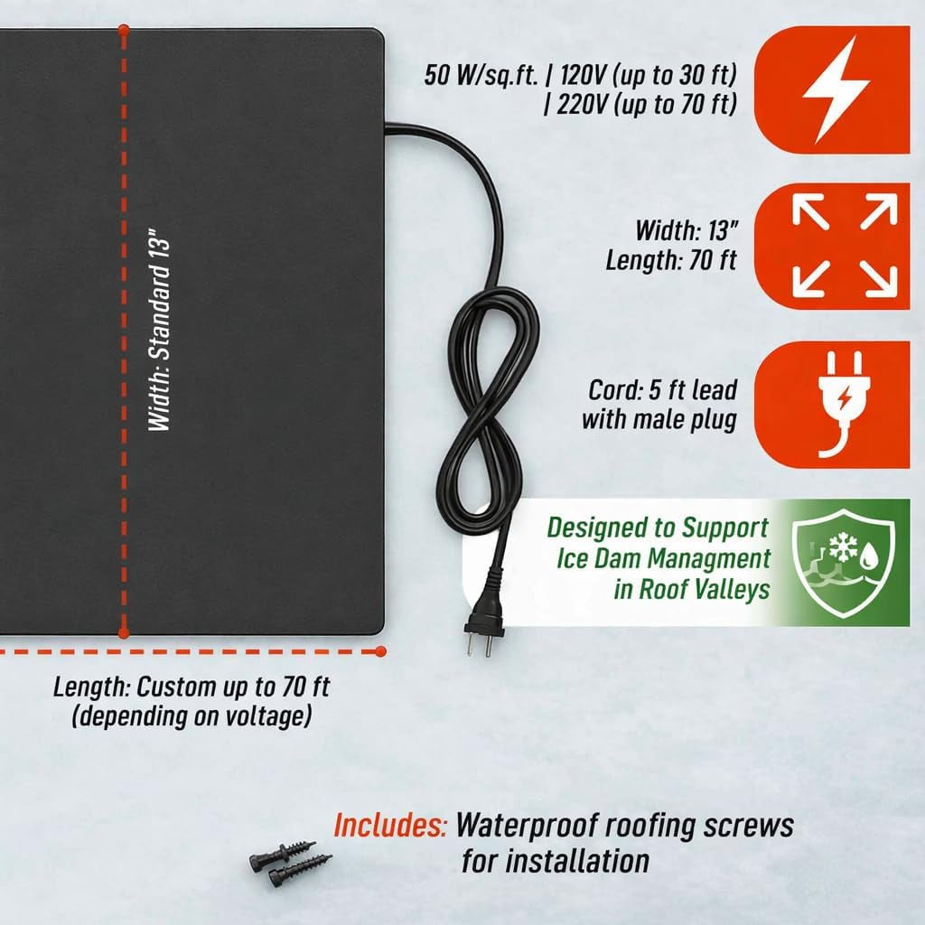 Roof Valley Ice Dam Heater Mat, Snow Melting Deicing System, 5 Ft X 13 In