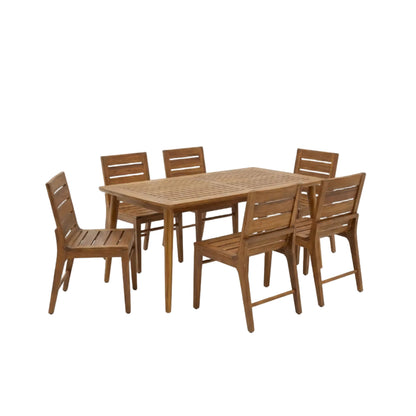 Outdoor Acacia Wood Dining Set with 71" Teak‑Finish Table & Slatted Back Chairs – 7‑Piece