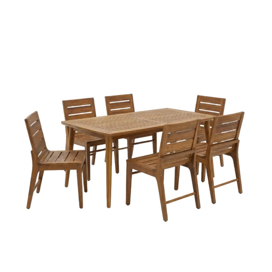 Outdoor Acacia Wood Dining Set with 71" Teak‑Finish Table & Slatted Back Chairs – 7‑Piece
