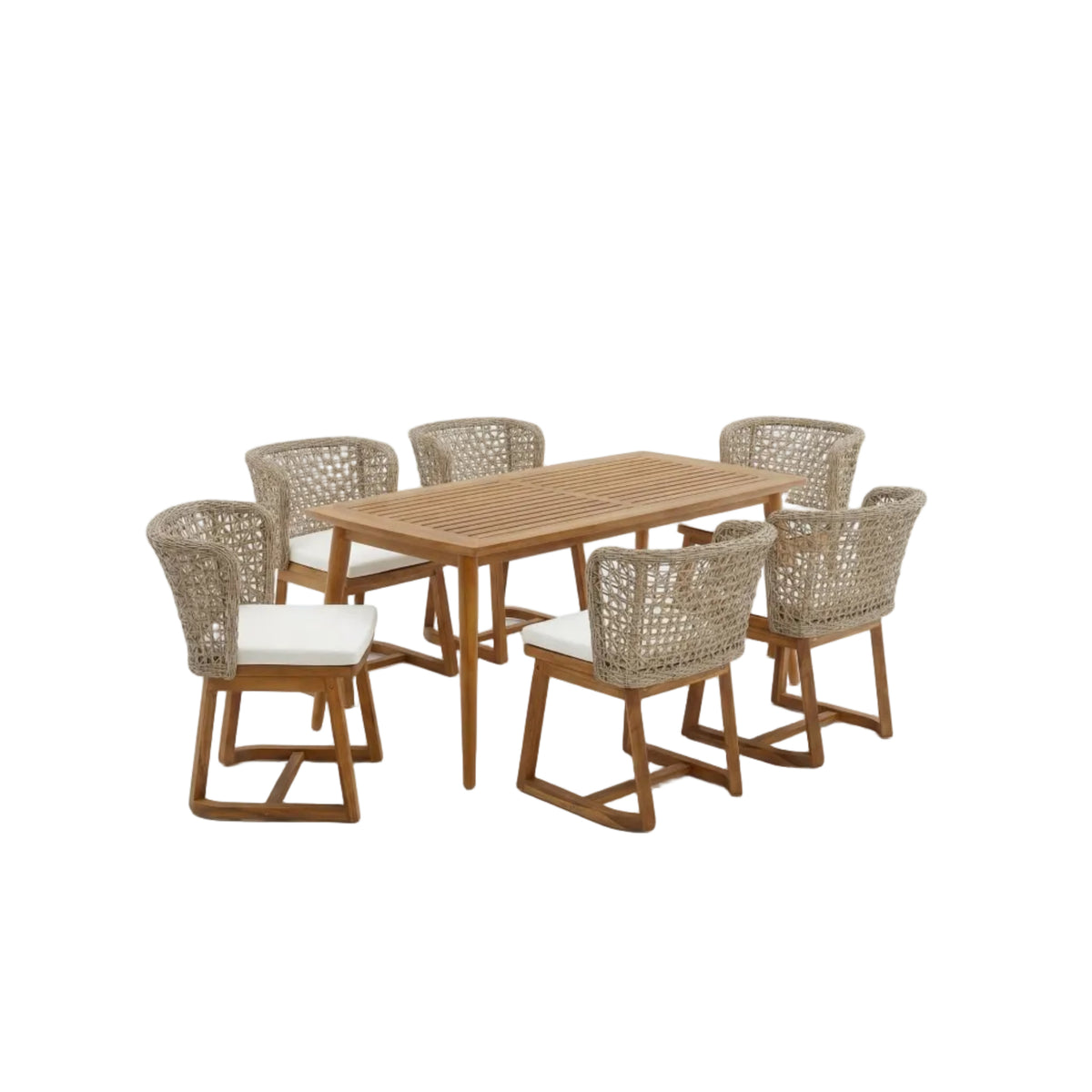 Acacia Wood Outdoor Dining Set (7‑Piece) — Teak‑Finish Table & Handwoven Wicker Chairs