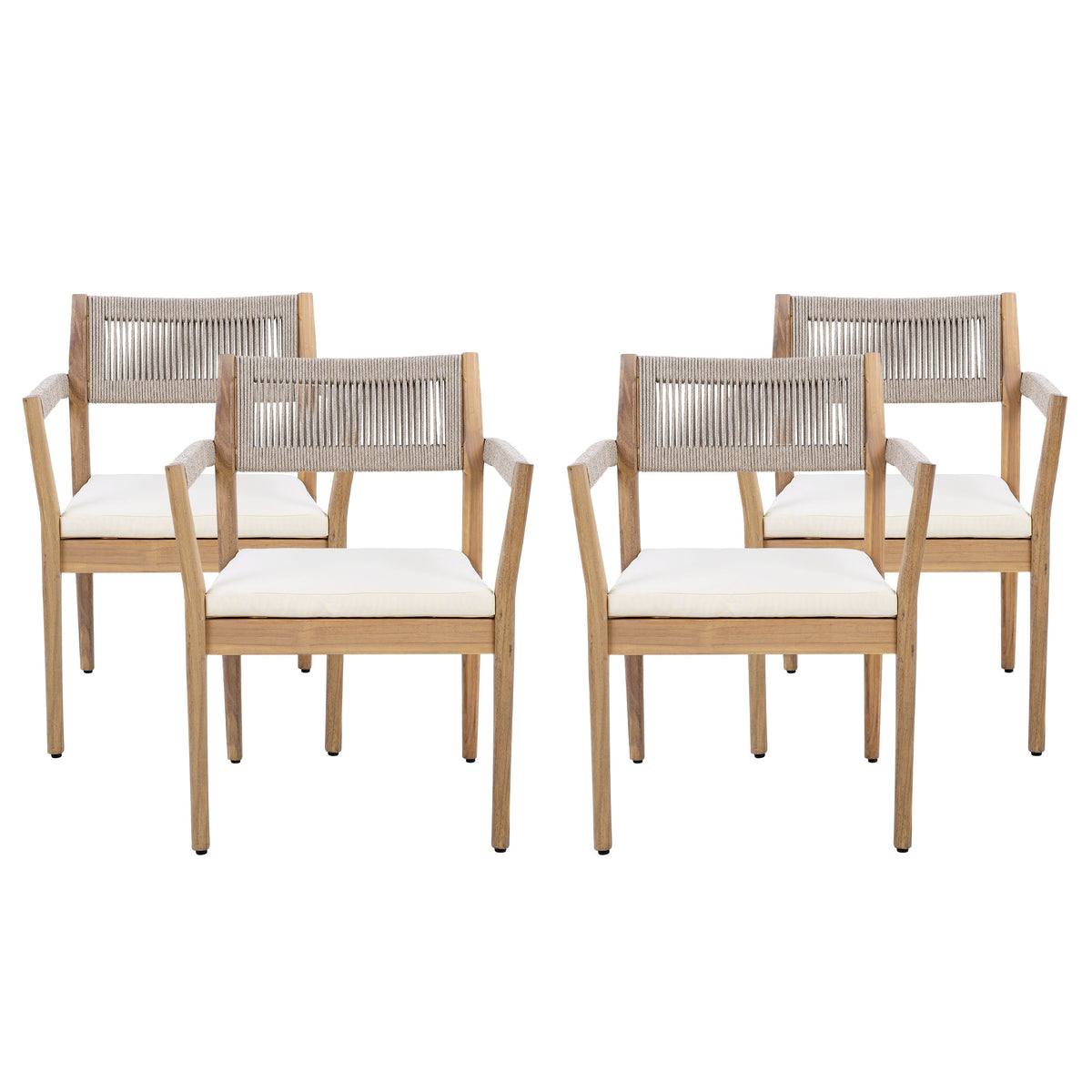 raided Acacia Outdoor Dining Chair Set of 4 — Teak Look with Beige Rope & Cream Cushions