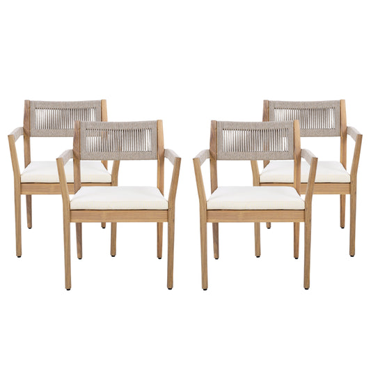 Braided Acacia Outdoor Dining Chair Set of 4 — Teak Look with Beige Rope & Cream Cushions