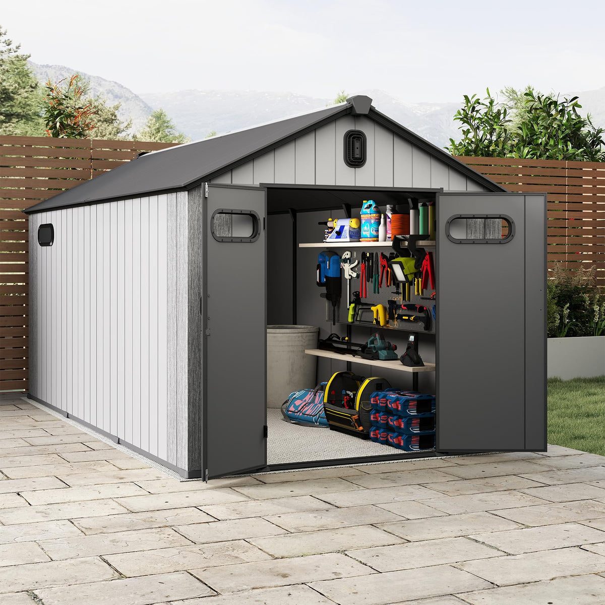 8' x 16' Resin Outdoor Storage Shed with Carpet – Weatherproof, Gray