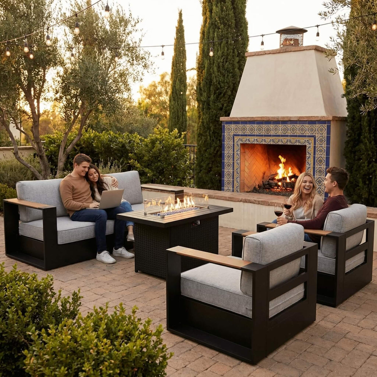 Aluminum Outdoor Conversation Set – Deep Seating, Water‑Repellent Cushions & 55,000 BTU Fire Pit Table